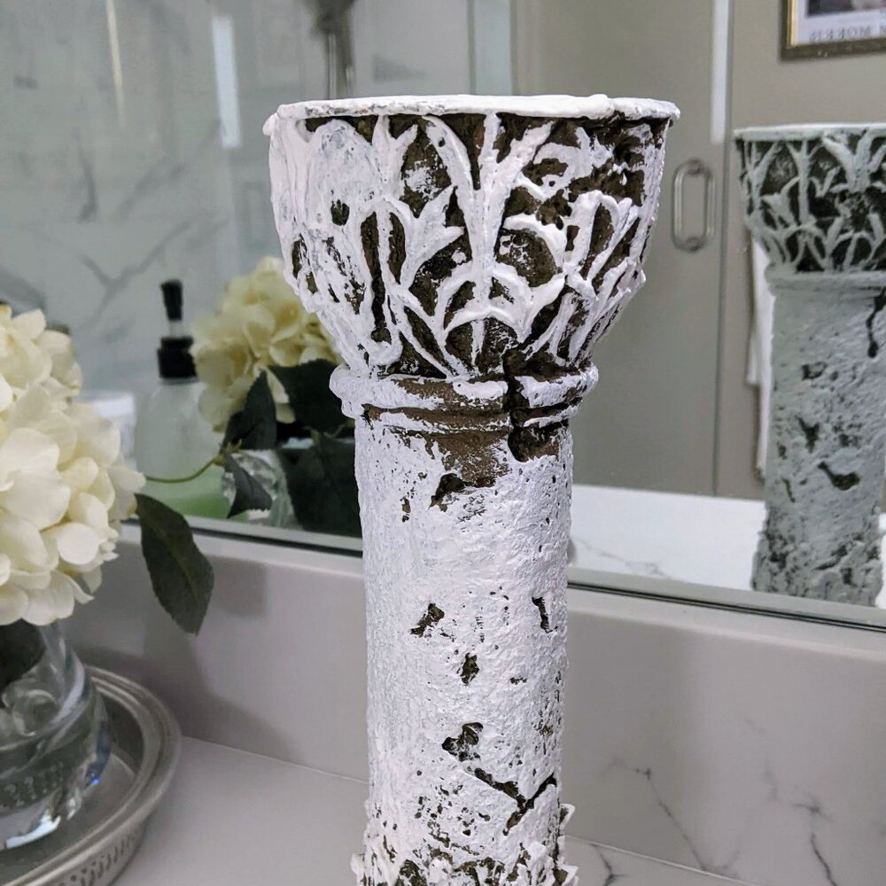 vintage ORNATE 11" tall CANDLE HOLDER candlestick RESIN CHARCOAL Gray whitewash